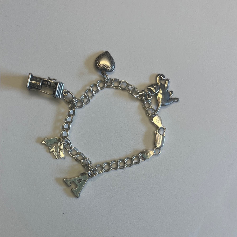 Silver Charm Bracelet with Heart and Letter A.